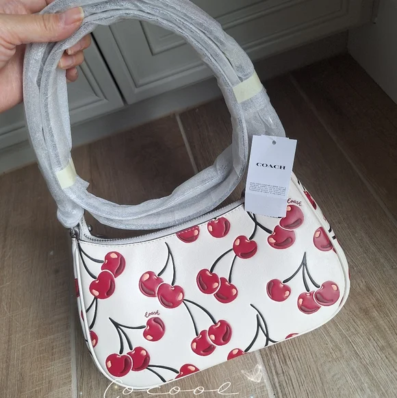 Coach Teri Shoulder Bag In Signature Canvas With Cherry Print Pink Cherry Charm - Picture 2 of 15